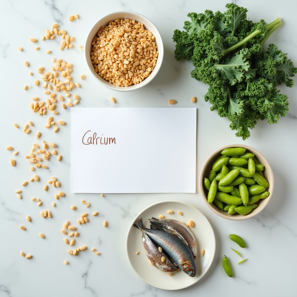 Spread of calcium-rich plant and dairy foods photographed from above on a white marble surface