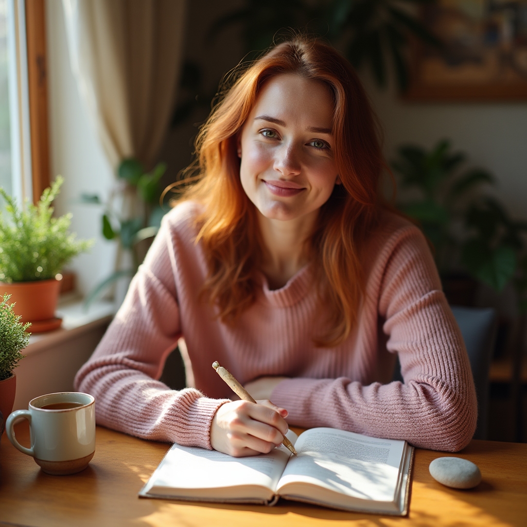 Woman writing in a wellness journal with a pen, surrounded by herbal tea and a small plant on a wooden desk