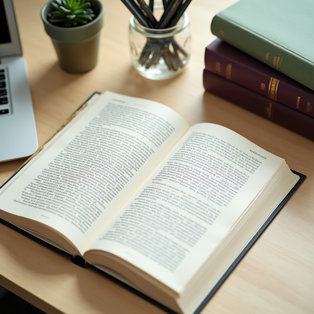 Organized editorial workspace with open nutrition reference books, neat notes, and a calm professional environment