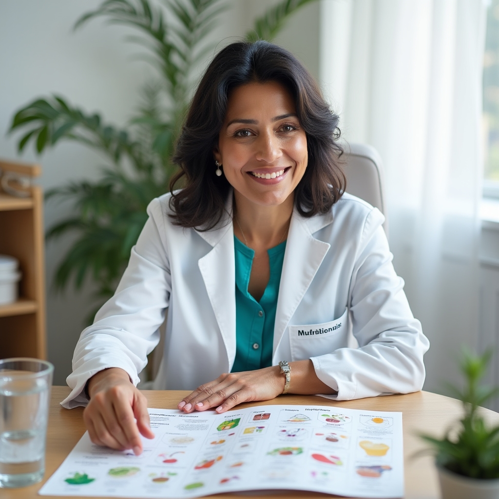 Nutritionist explaining iron absorption concepts using illustrated food charts in a professional educational setting