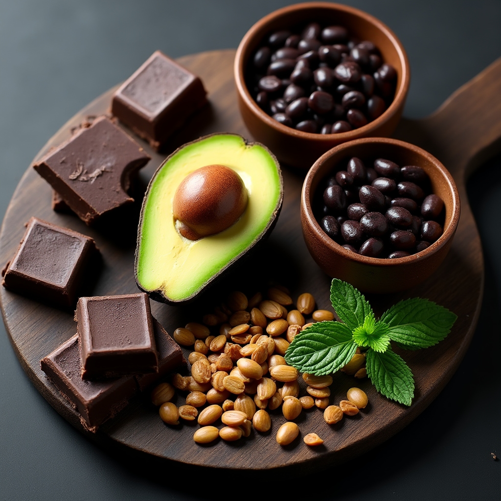 Dark chocolate, pumpkin seeds, avocado, and black beans arranged on a dark wooden board in natural light