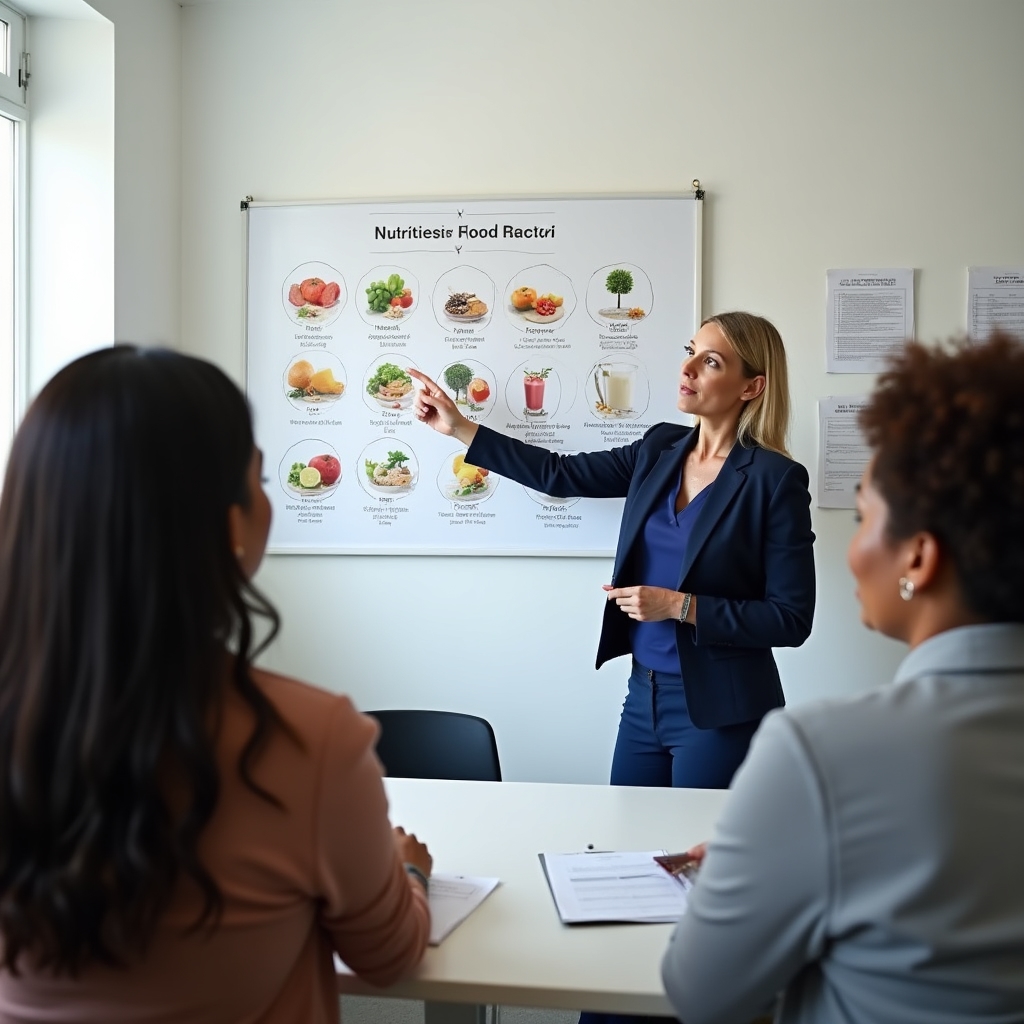 Healthcare educator pointing at nutritional charts and diagrams in a bright consultation room with attentive audience