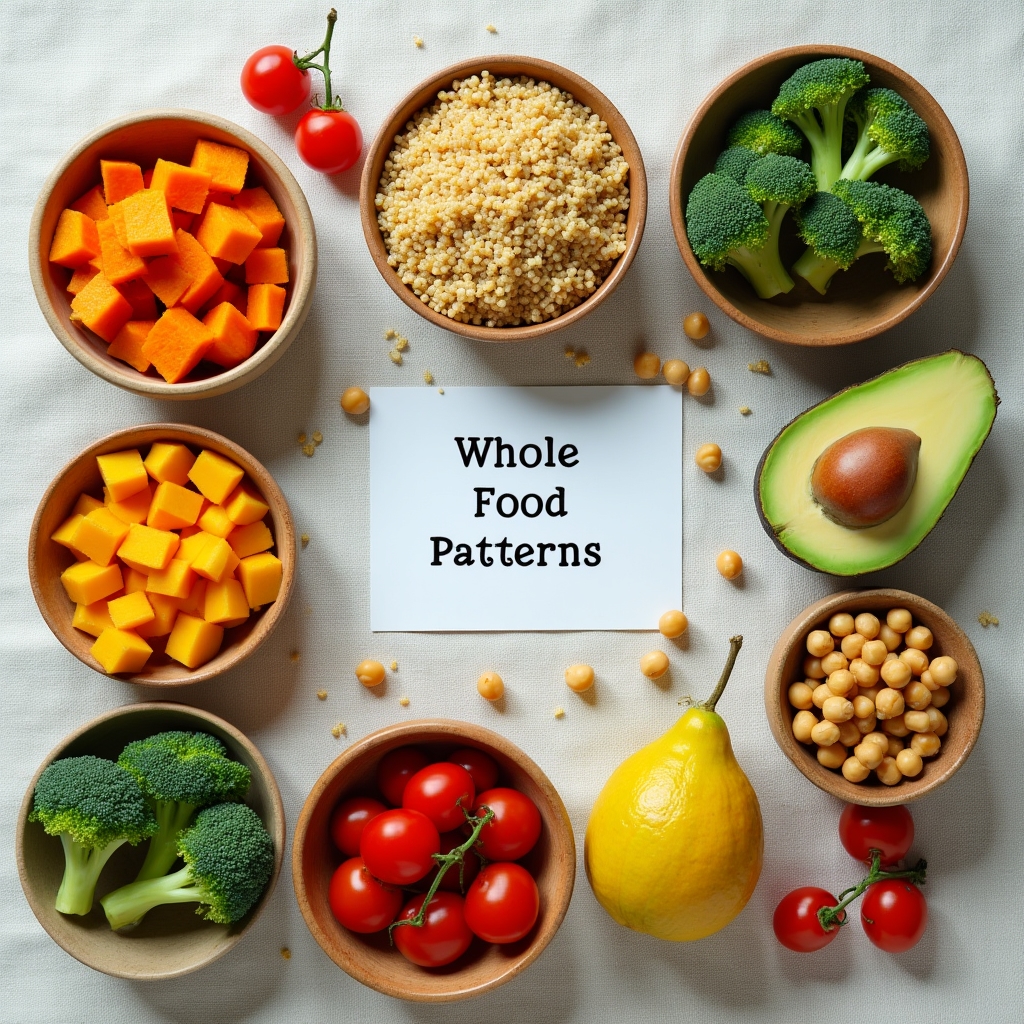 Vibrant assortment of whole plant foods including colorful vegetables, legumes, and grains arranged in bowls on a light surface